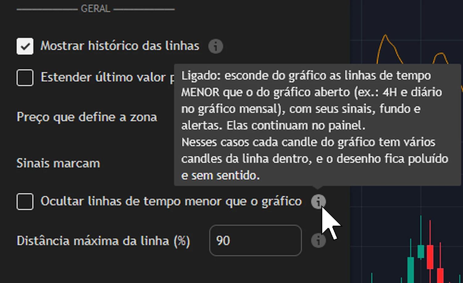 Mouse sobre o botão de ajuda da opção Ocultar linhas de tempo menor que o gráfico, mostrando o balão de explicação